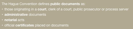 The Hague Convention defines public documents as:those originating in a court, clerk of a court, public prosecutor or process server
administrative documents
notarial acts
official certificates placed on documents